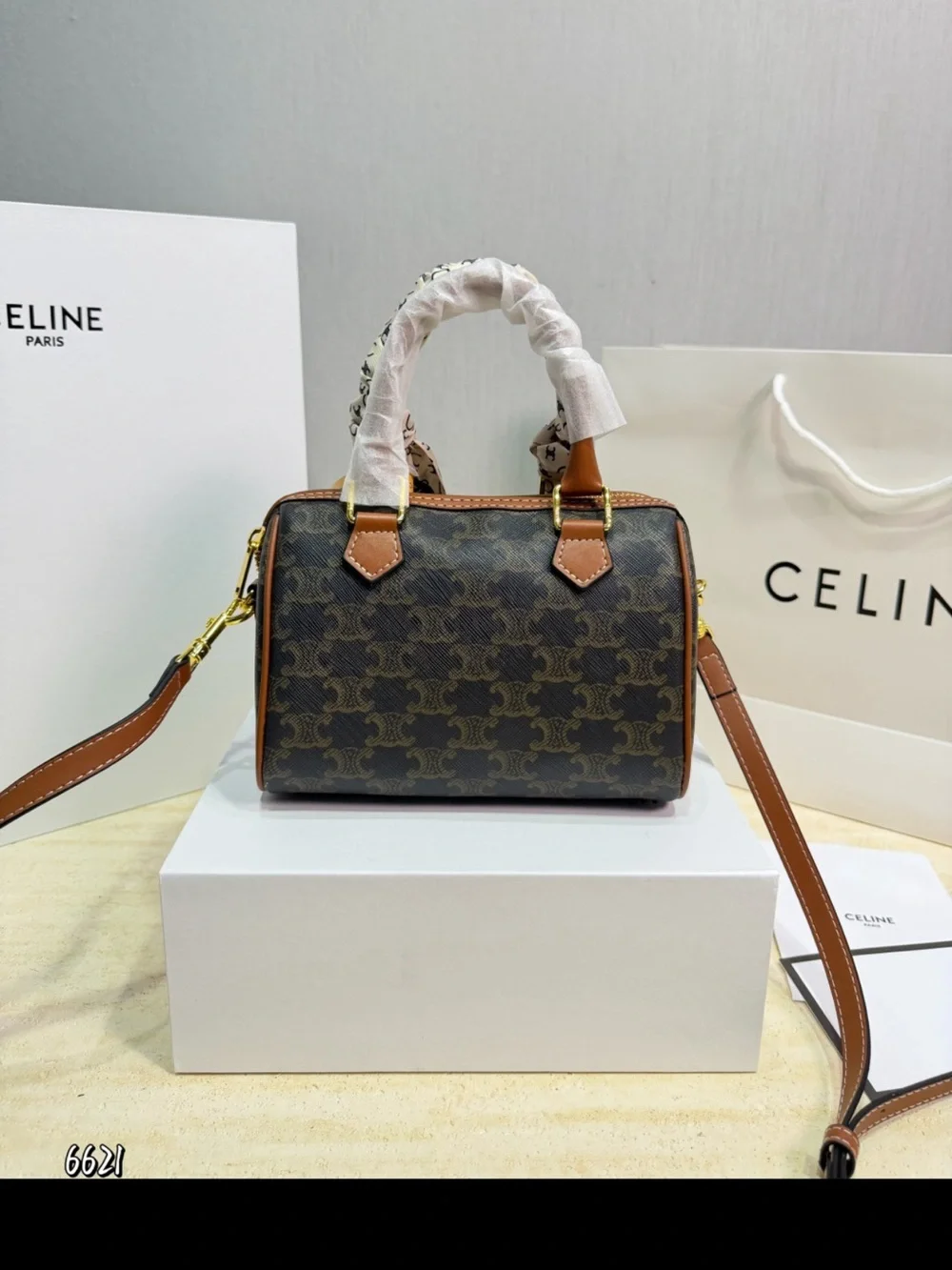 Celine Brown Triomphe Mini Satchel with Logo Scarf Wrap